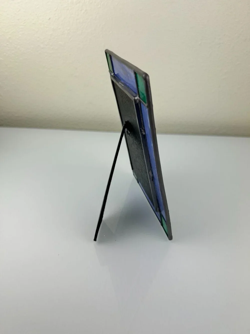 Vintage Stained Glass & Metal Picture Frame Blue Green Silver Home Decor